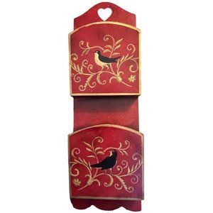 Handpainted Wooden Mail Caddy Heart Cutout Scalloped Edge Attached Hangers 18" T